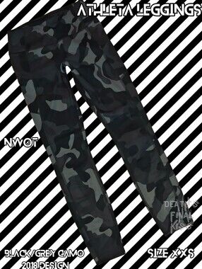 🆕 Athleta Black Gray Camo Leggings Roller Derby Many Pockets XXS Strength Train